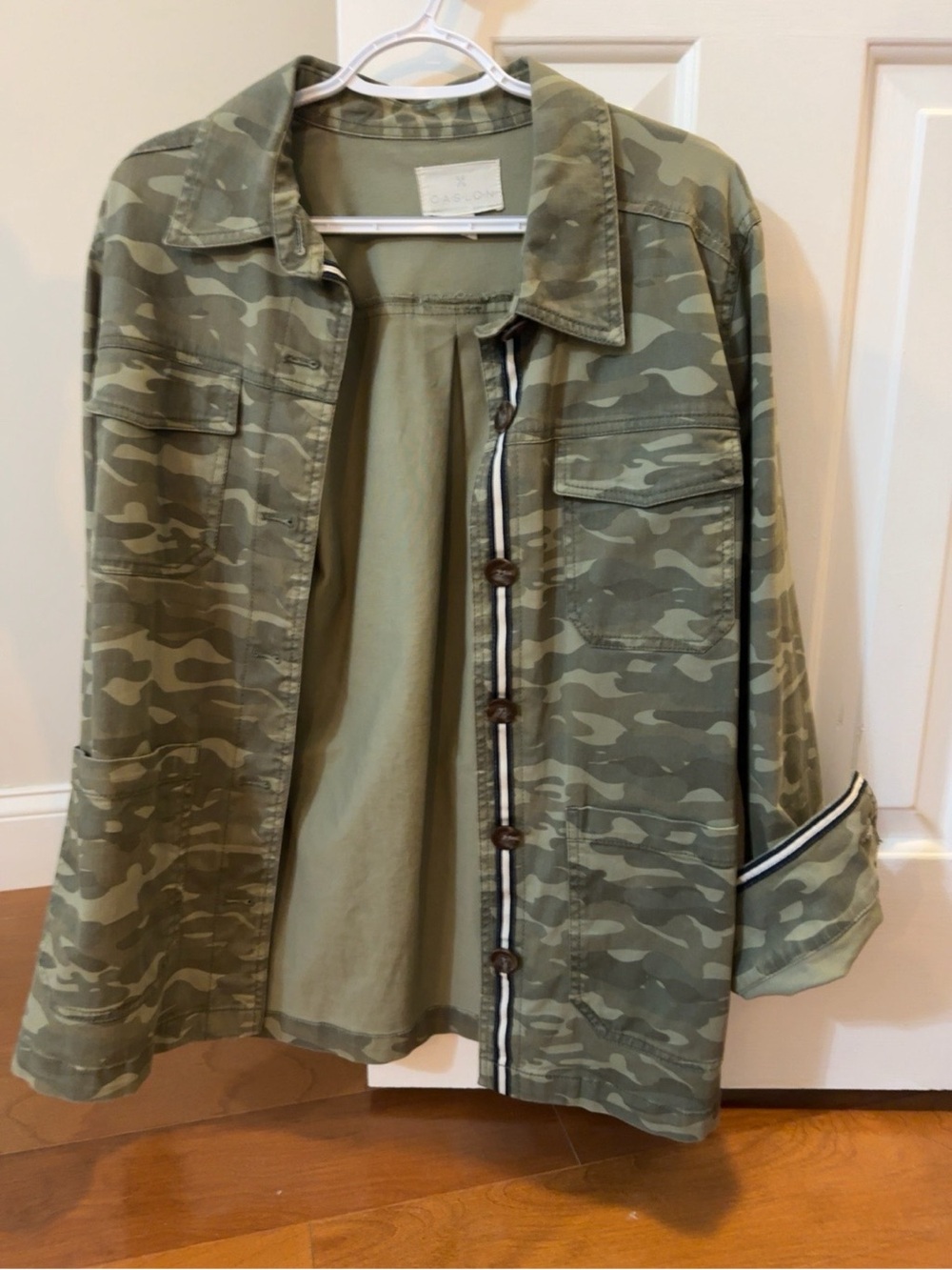 Caslon Camo Utility Jacket with Striped Trim